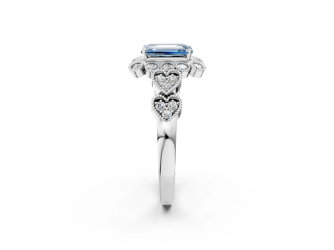 White gold Fancy Blue Emerald Cut Brilliant Milgrain Pave Heart Band Solitaire Ring_14