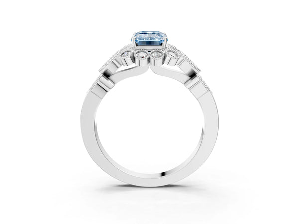 Platinum Fancy Blue Emerald Cut Brilliant Milgrain Pave Heart Band Solitaire Ring