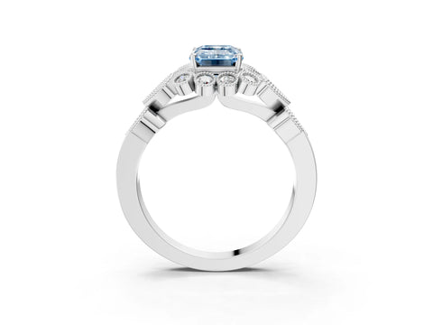 White gold Fancy Blue Emerald Cut Brilliant Milgrain Pave Heart Band Solitaire Ring_15