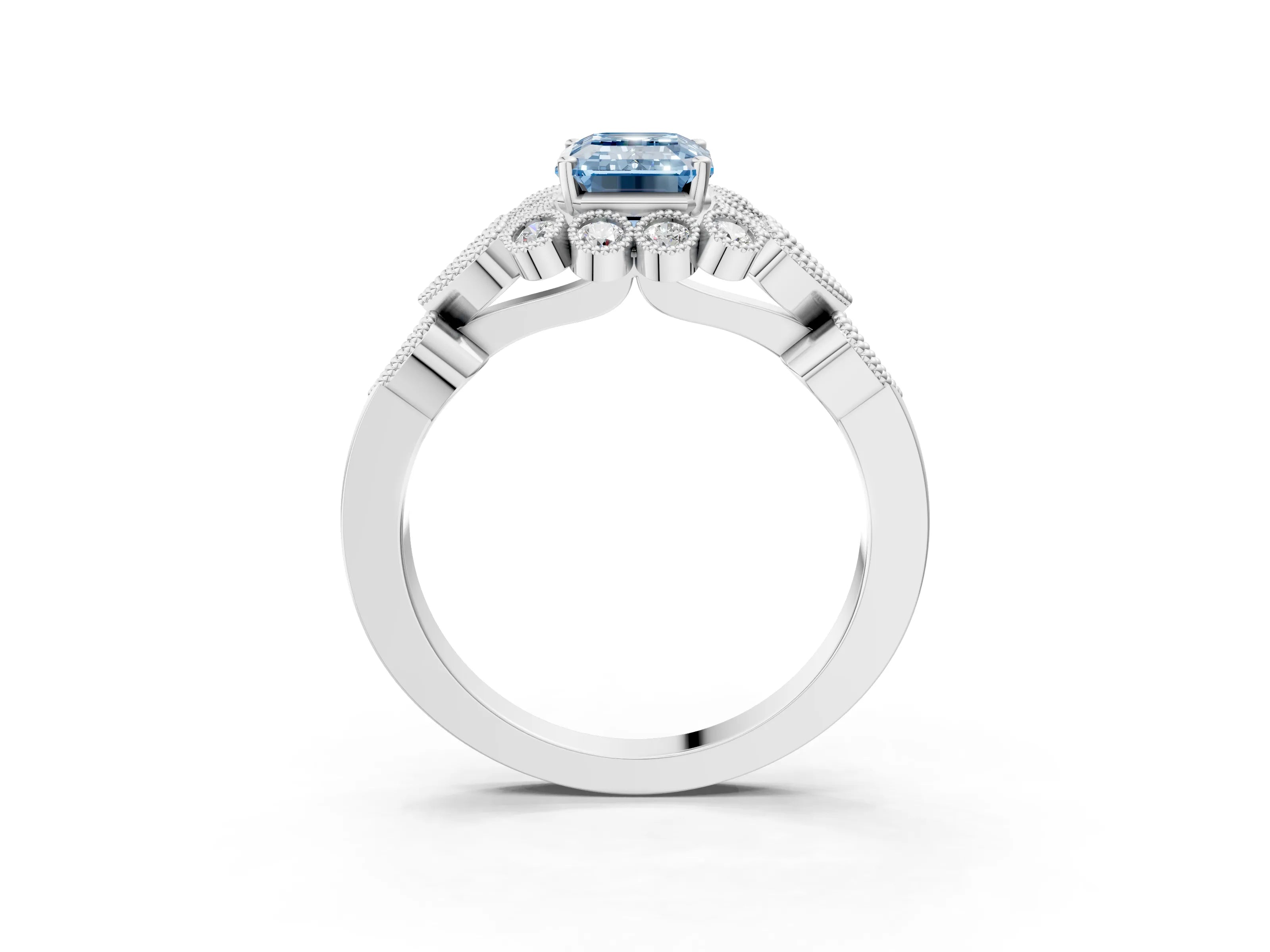 White gold Fancy Blue Emerald Cut Brilliant Milgrain Pave Heart Band Solitaire Ring_15
