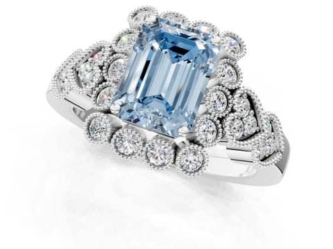 White gold Fancy Blue Emerald Cut Brilliant Milgrain Pave Heart Band Solitaire Ring_1