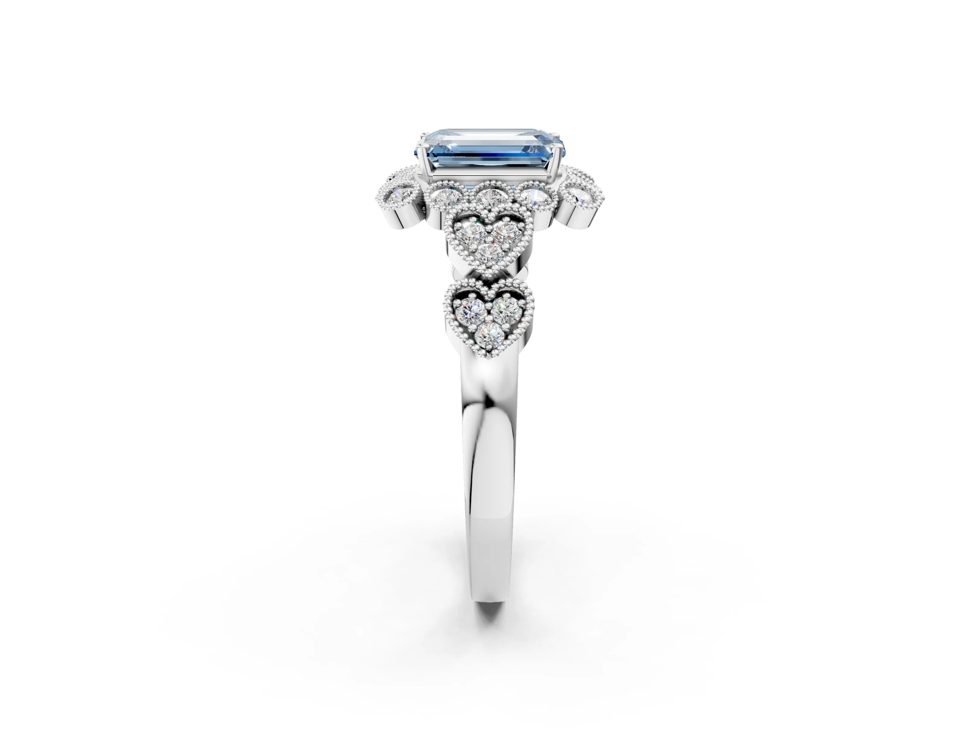 White gold Fancy Blue Emerald Cut Brilliant Milgrain Pave Heart Band Solitaire Ring_2