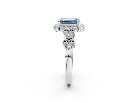 White gold Fancy Blue Emerald Cut Brilliant Milgrain Pave Heart Band Solitaire Ring_2