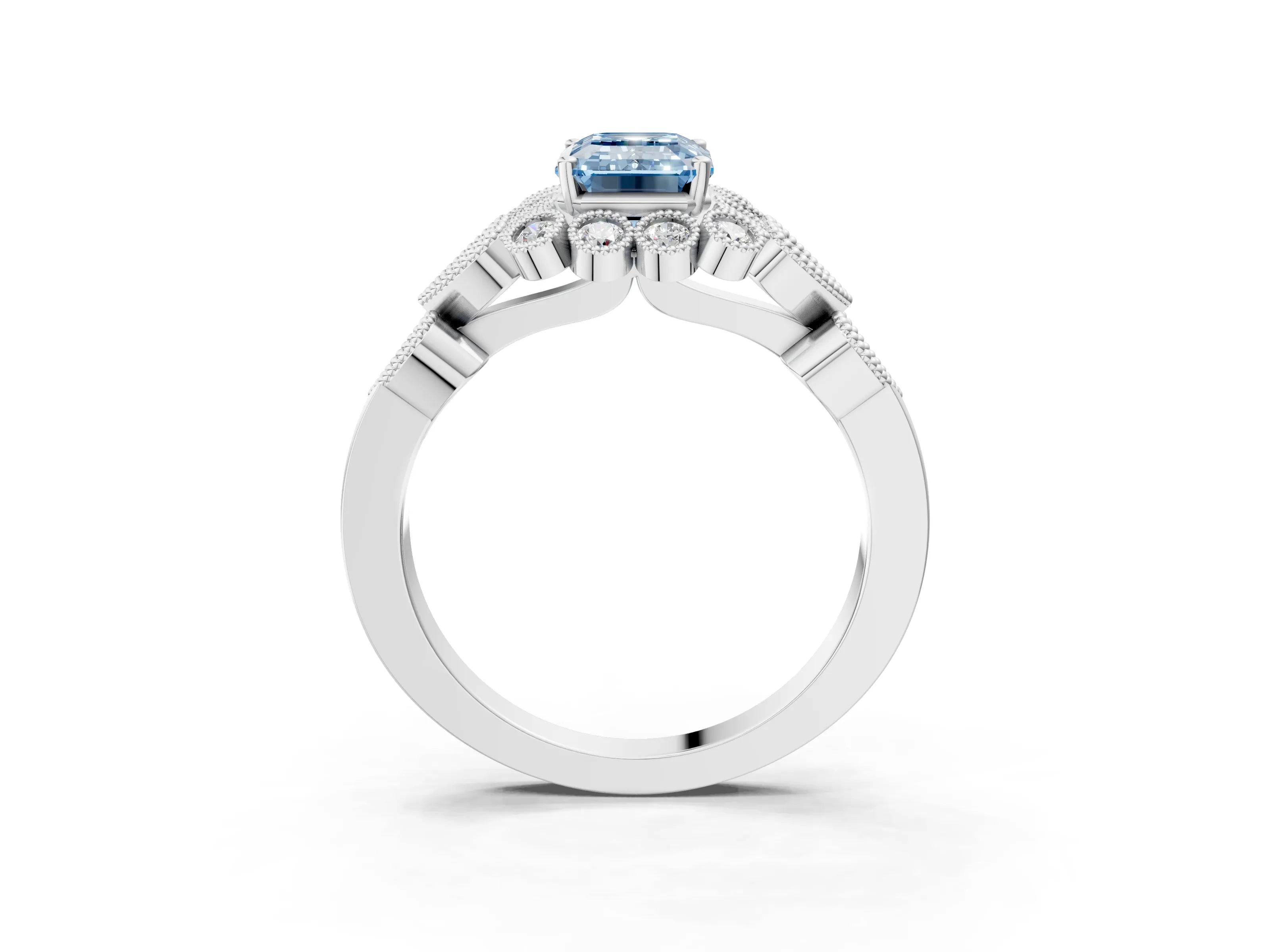 White gold Fancy Blue Emerald Cut Brilliant Milgrain Pave Heart Band Solitaire Ring_3