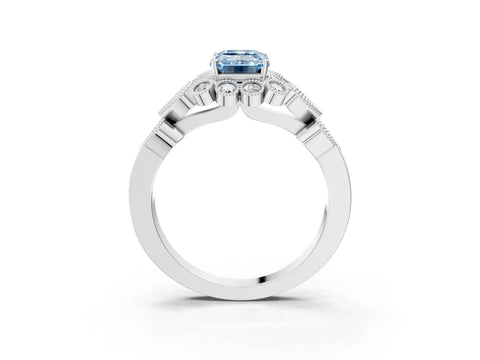 White gold Fancy Blue Emerald Cut Brilliant Milgrain Pave Heart Band Solitaire Ring_3