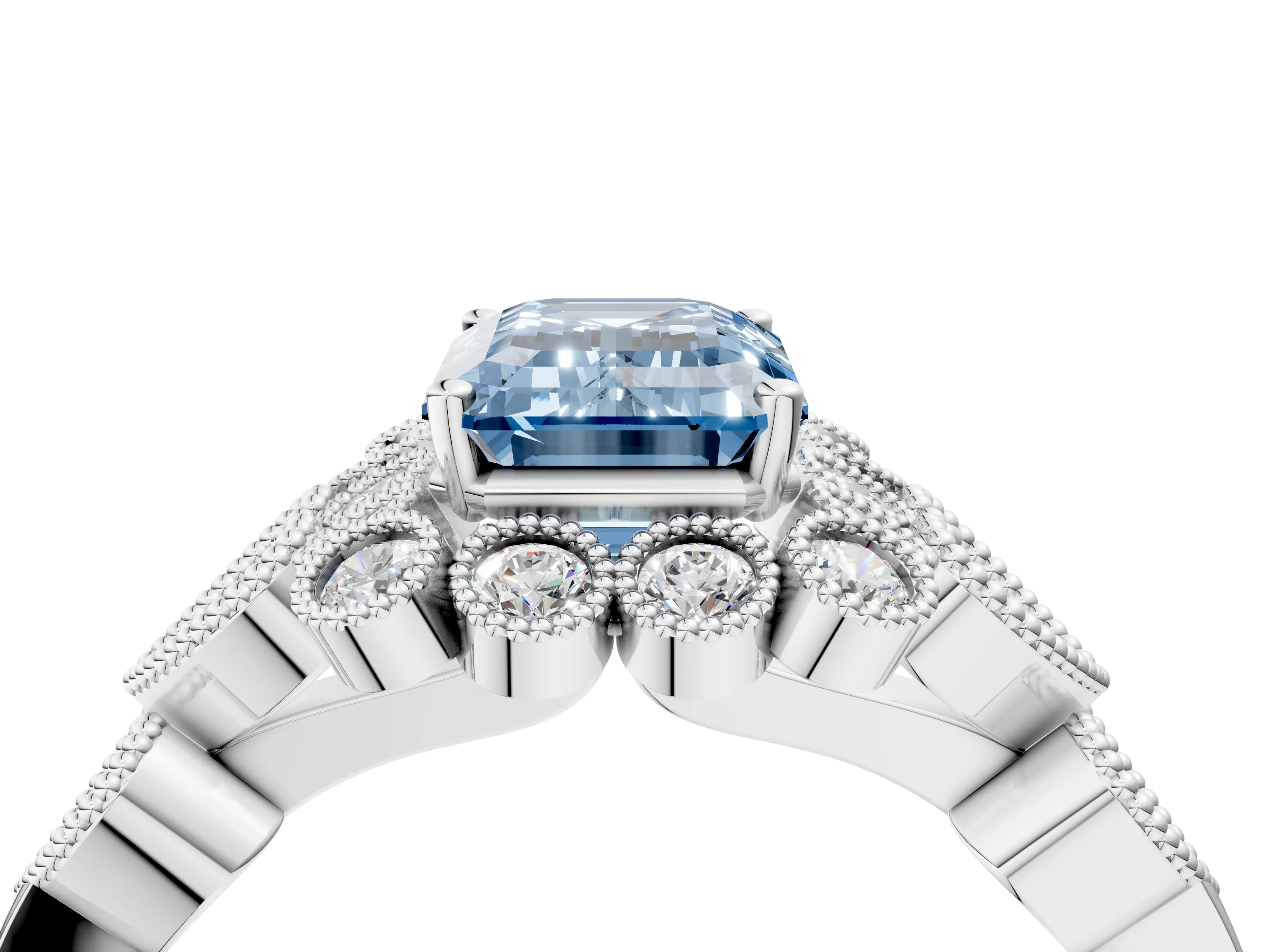 White gold Fancy Blue Emerald Cut Brilliant Milgrain Pave Heart Band Solitaire Ring_4