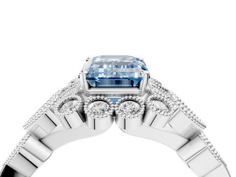 White gold Fancy Blue Emerald Cut Brilliant Milgrain Pave Heart Band Solitaire Ring_4