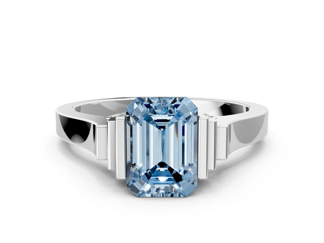 White gold Fancy Blue Emerald Cut Brilliant Solitaire Diamond Ring with Channel Set Band and Bar Prong Setting_12
