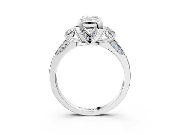 White gold Fancy Blue Emerald Cut Brilliant Three-Stone Diamond Ring with Pavé Band and Four-Prong Setting