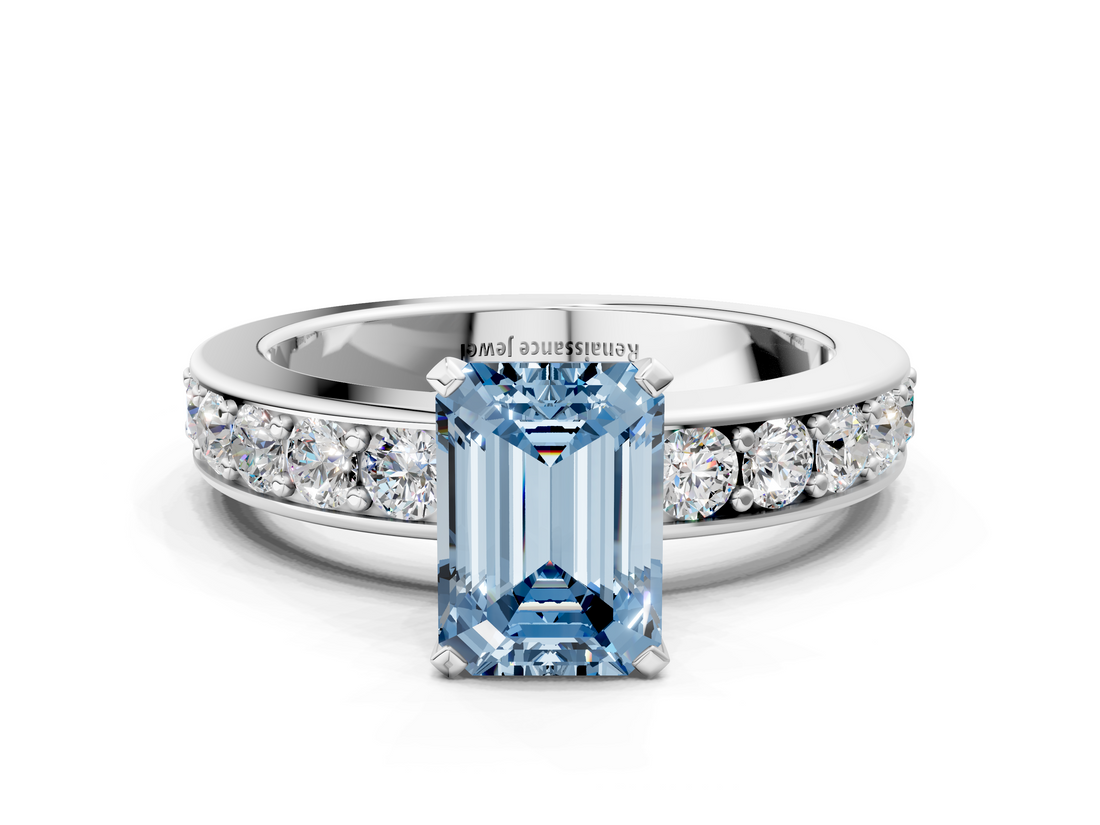 White gold Fancy Blue Emerald  Cut Channel Set Diamond Engagement Ring with Four-Prong Setting_240