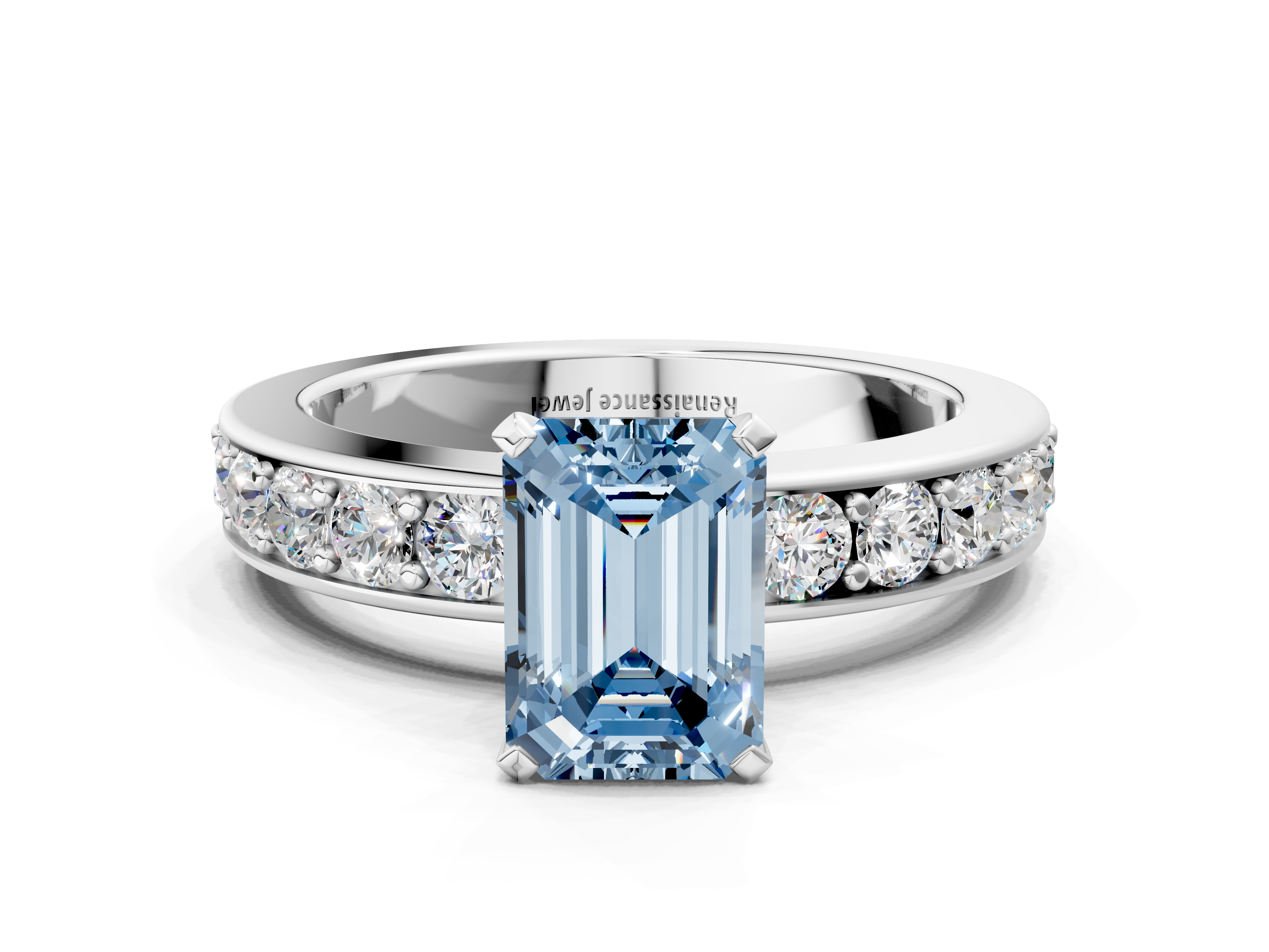 White gold Fancy Blue Emerald  Cut Channel Set Diamond Engagement Ring with Four-Prong Setting_241