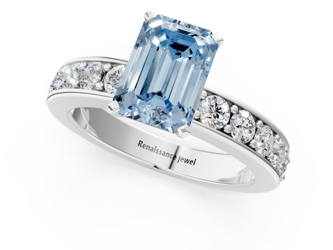 White gold Fancy Blue Emerald  Cut Channel Set Diamond Engagement Ring with Four-Prong Setting_242