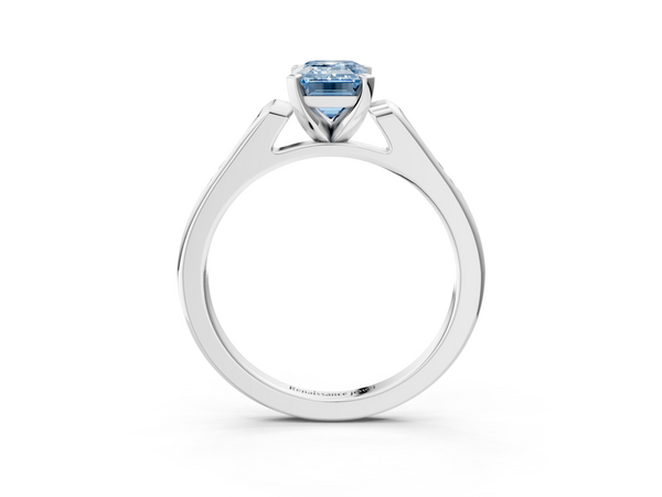 Platinum Fancy Blue Emerald  Cut Channel Set Solitaire Engagement Ring with Four-Prong Setting