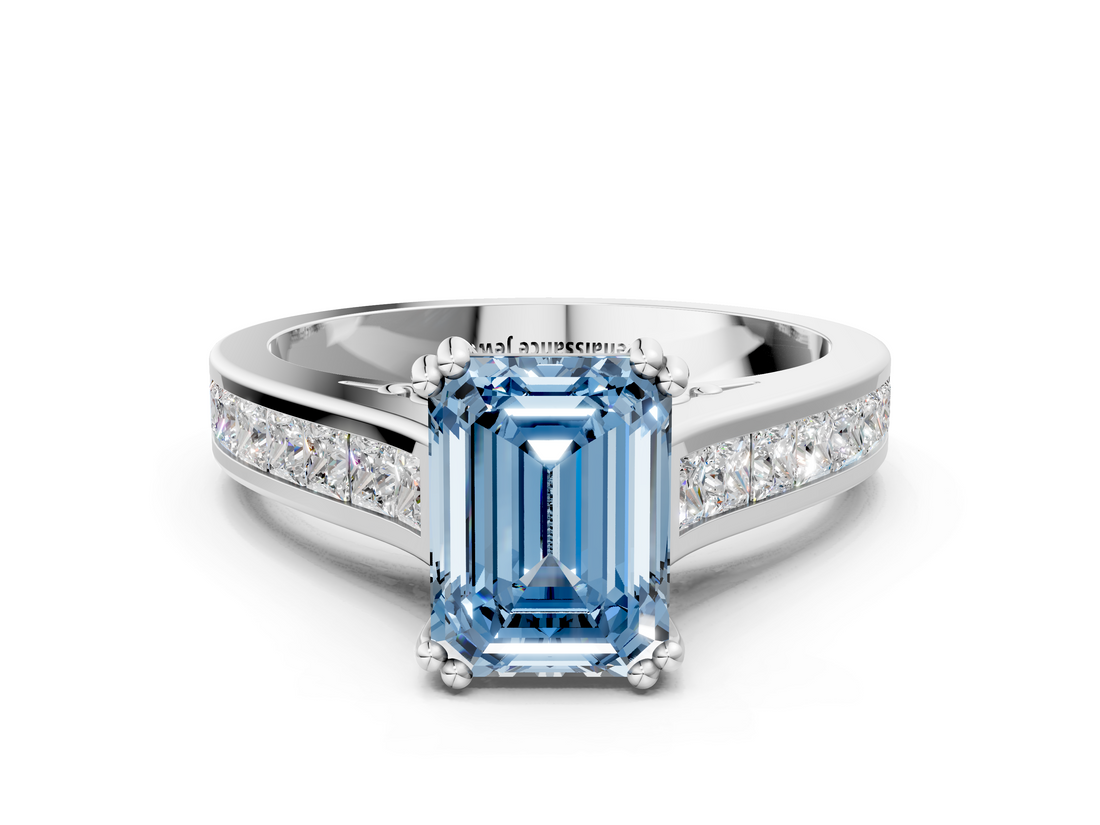 White gold Fancy Blue Emerald  Cut Channel Set Solitaire Engagement Ring with Prong Setting_20