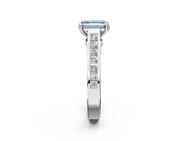 Platinum Fancy Blue Emerald  Cut Channel Set Solitaire Engagement Ring with Prong Setting
