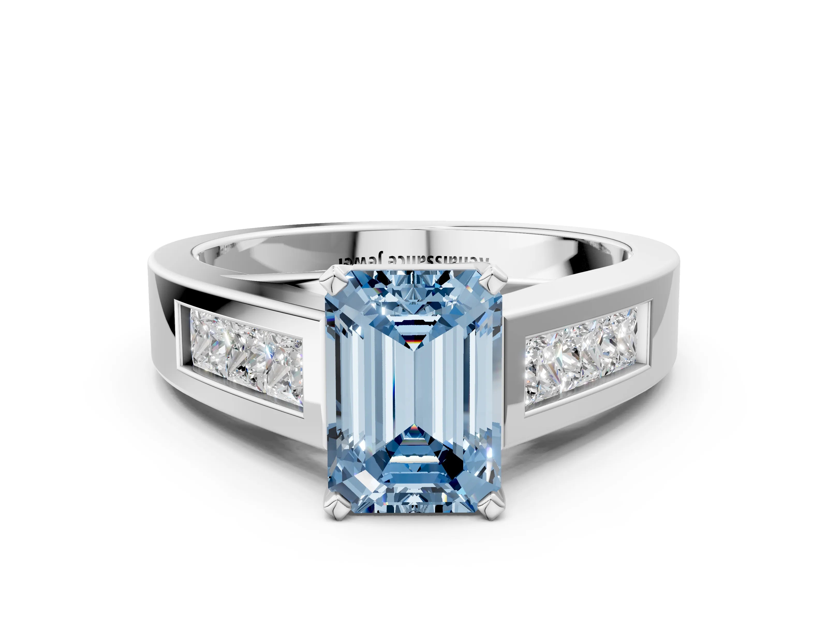 White gold Fancy Blue Emerald Cut Cut Channel Set Solitaire Ring with Four-Prong Setting_12