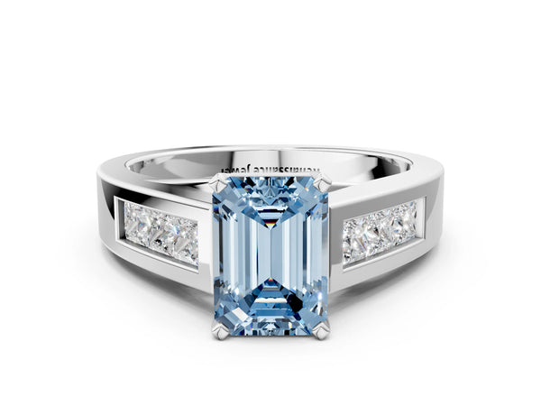 Platinum Fancy Blue Emerald Cut Cut Channel Set Solitaire Ring with Four-Prong Setting