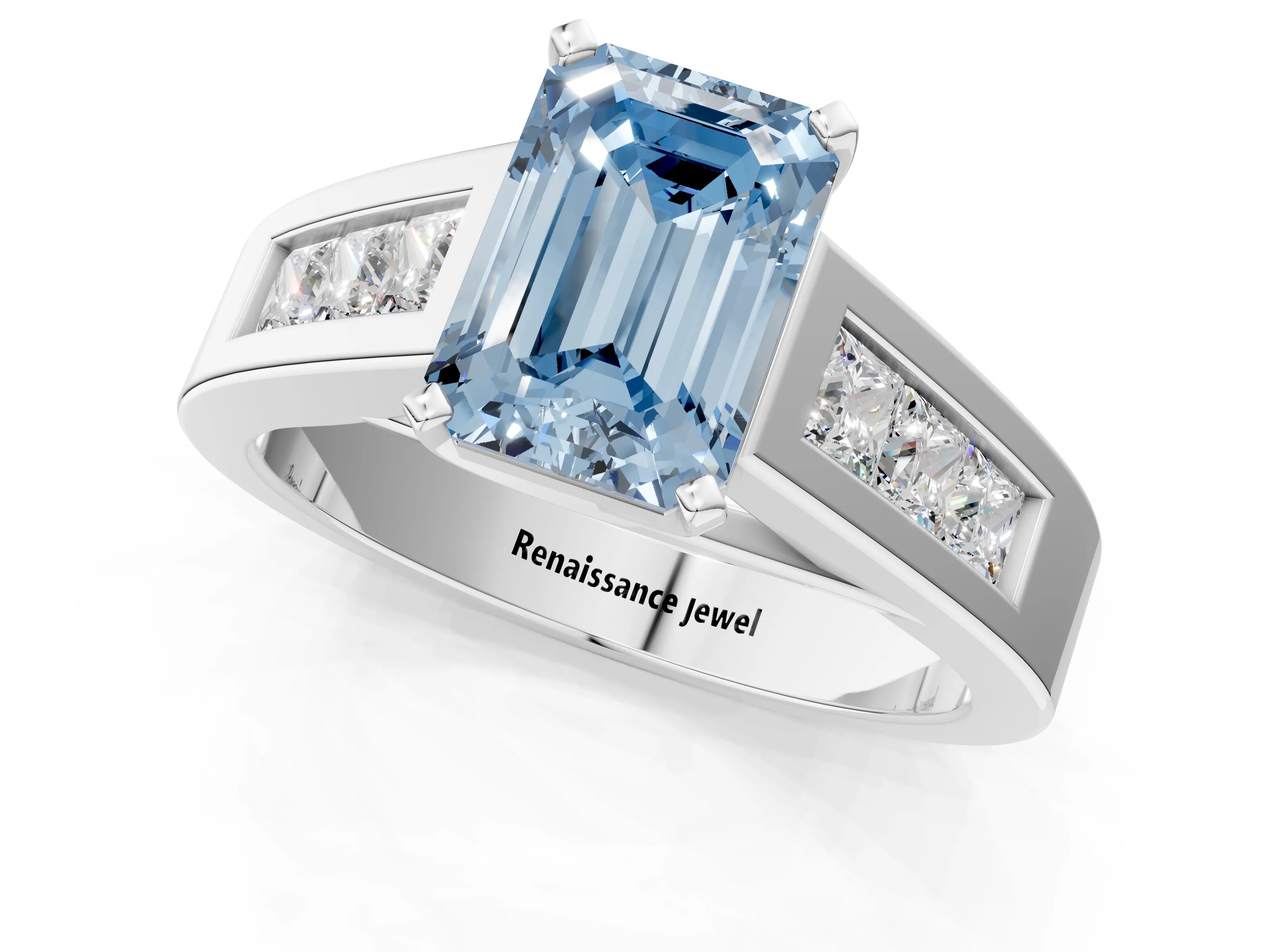 White gold Fancy Blue Emerald Cut Cut Channel Set Solitaire Ring with Four-Prong Setting_13