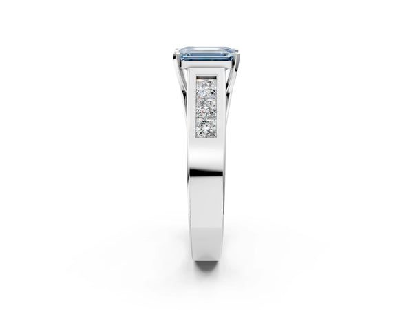 Platinum Fancy Blue Emerald Cut Cut Channel Set Solitaire Ring with Four-Prong Setting