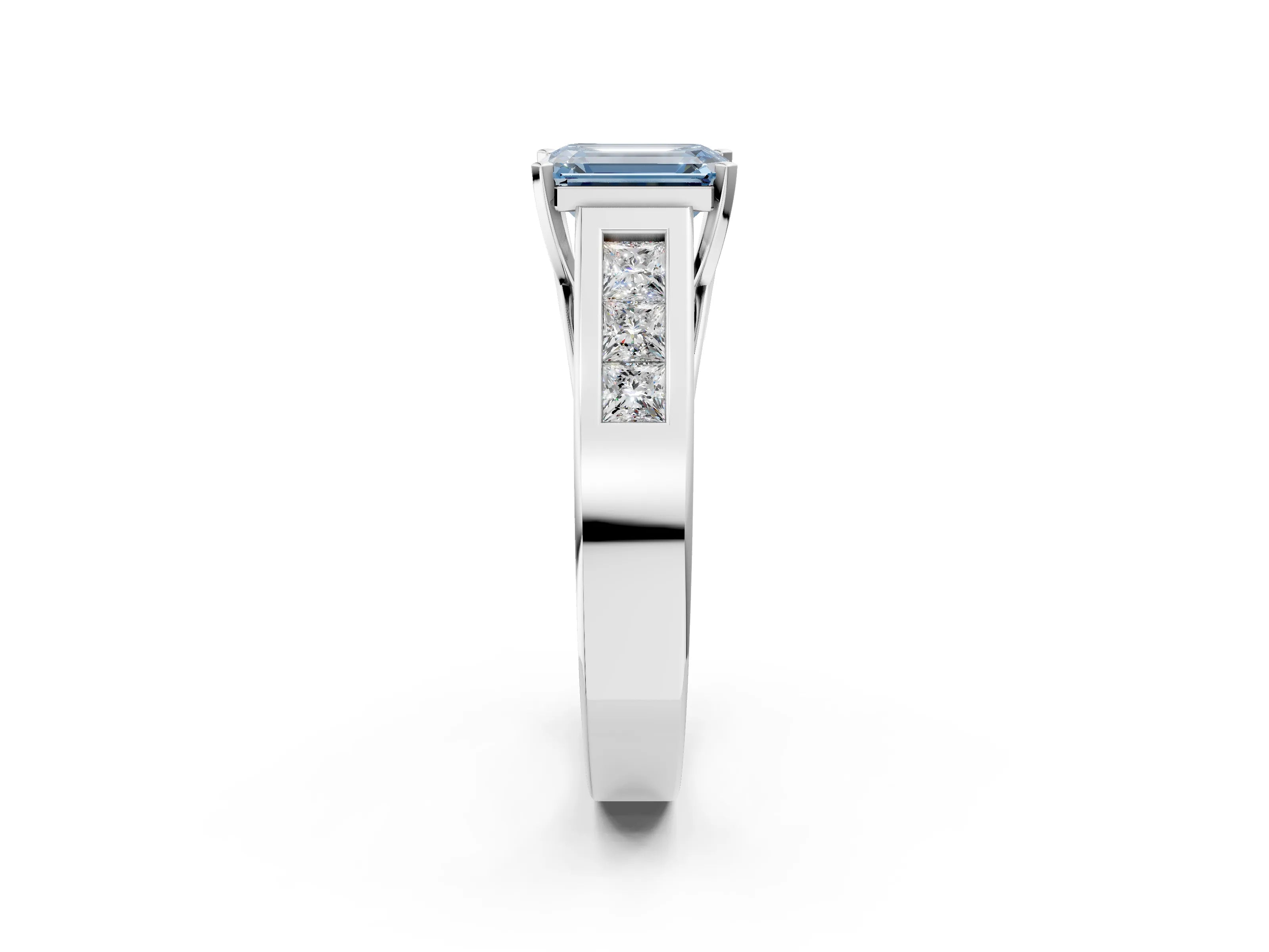 White gold Fancy Blue Emerald Cut Cut Channel Set Solitaire Ring with Four-Prong Setting_14