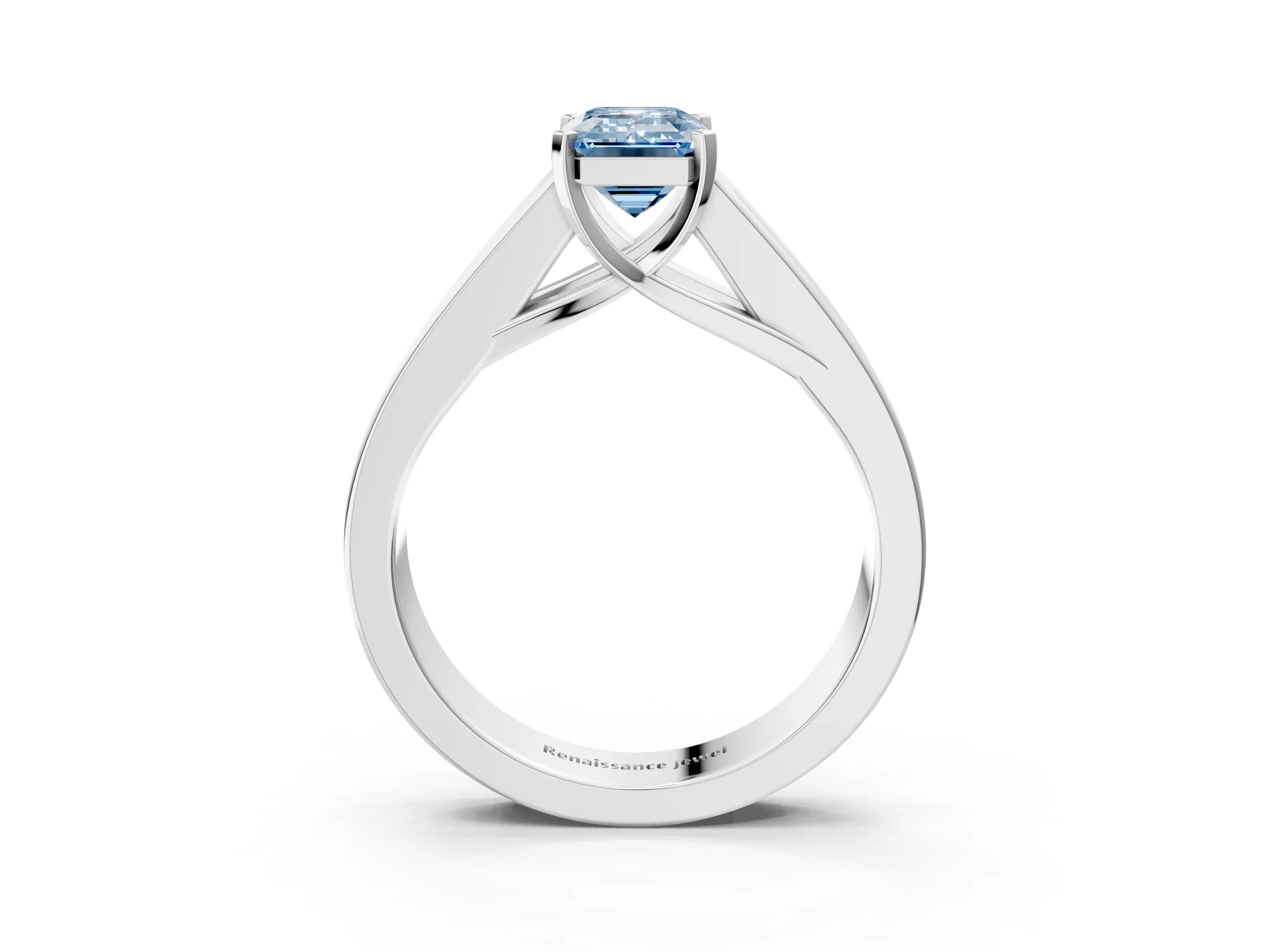 White gold Fancy Blue Emerald Cut Cut Channel Set Solitaire Ring with Four-Prong Setting_15