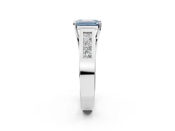 Platinum Fancy Blue Emerald Cut Cut Channel Set Solitaire Ring with Four-Prong Setting