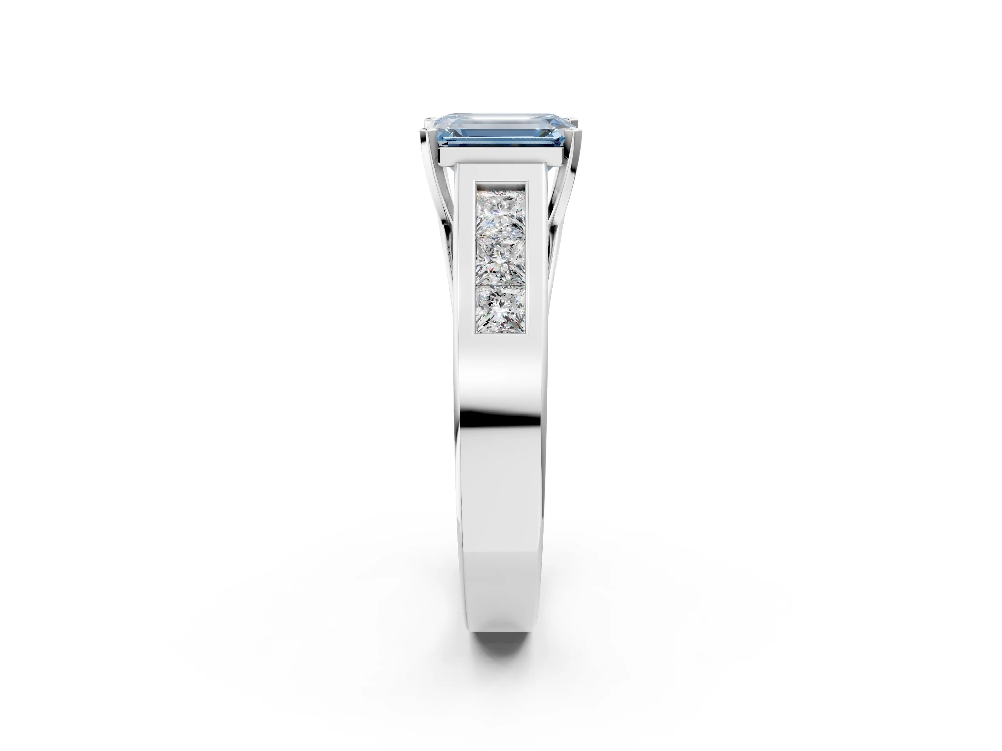 White gold Fancy Blue Emerald Cut Cut Channel Set Solitaire Ring with Four-Prong Setting_2