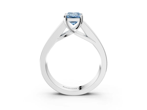Platinum Fancy Blue Emerald Cut Cut Channel Set Solitaire Ring with Four-Prong Setting