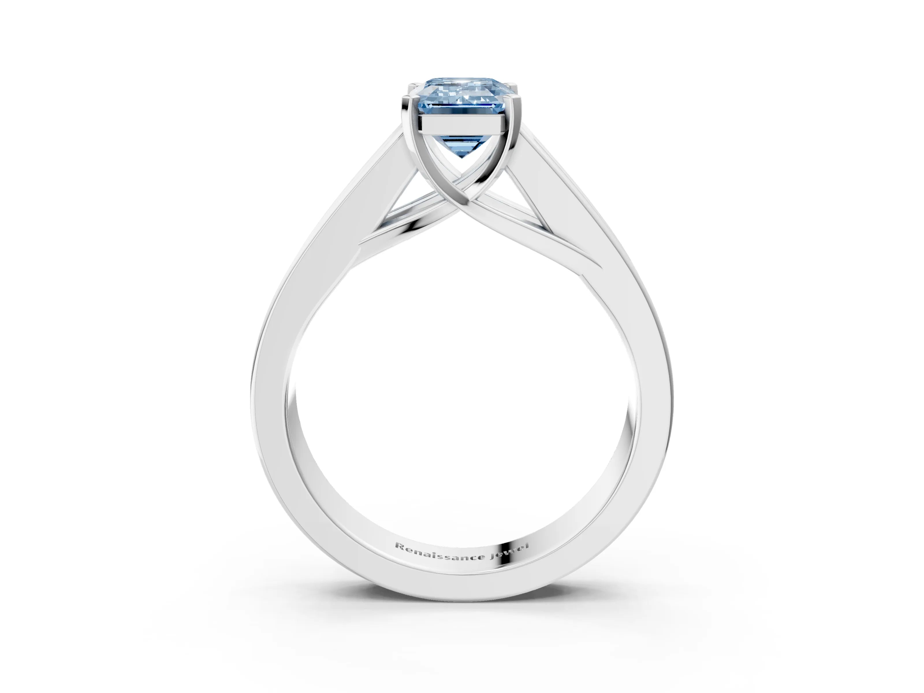White gold Fancy Blue Emerald Cut Cut Channel Set Solitaire Ring with Four-Prong Setting_3