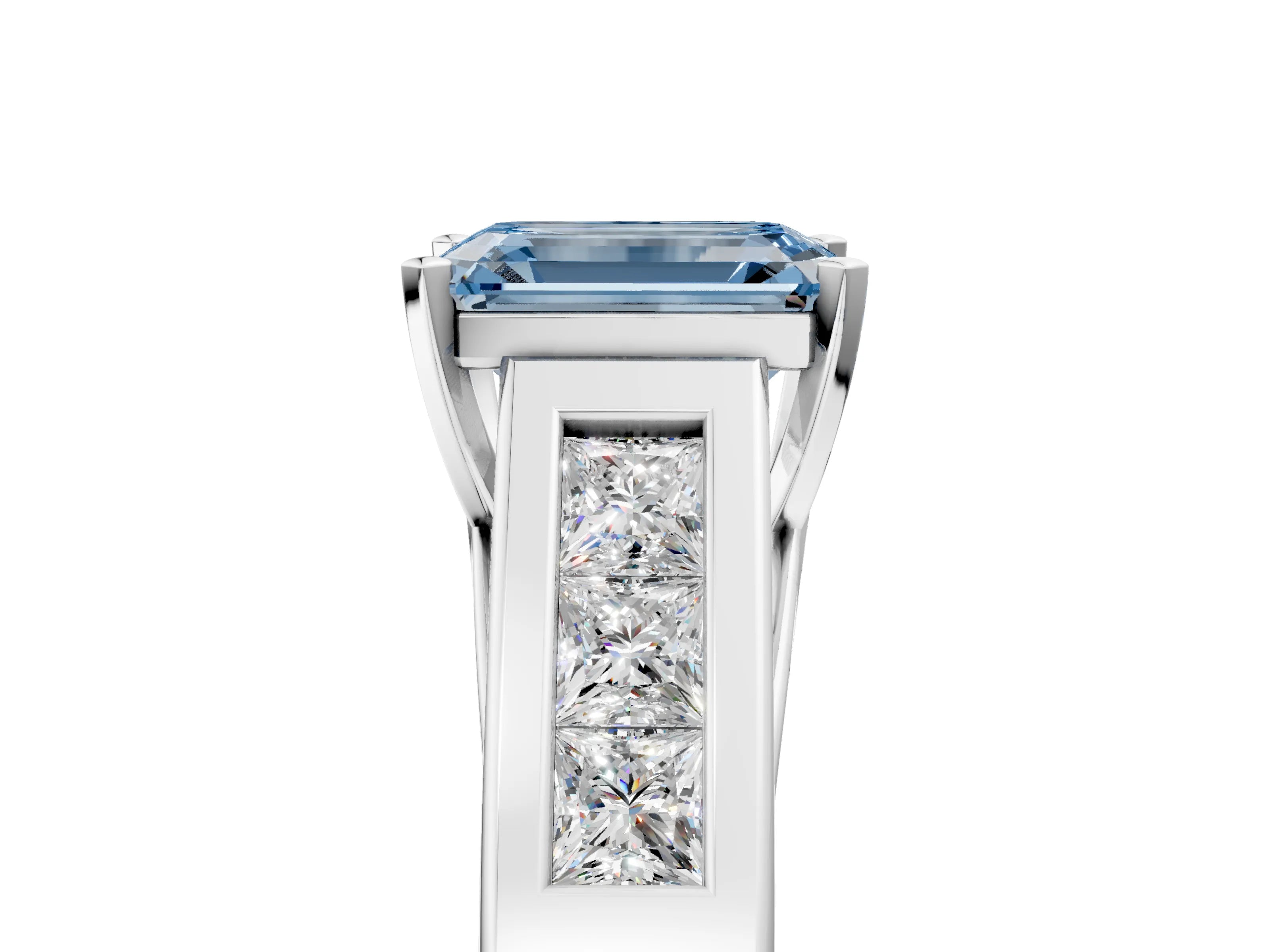 White gold Fancy Blue Emerald Cut Cut Channel Set Solitaire Ring with Four-Prong Setting_5