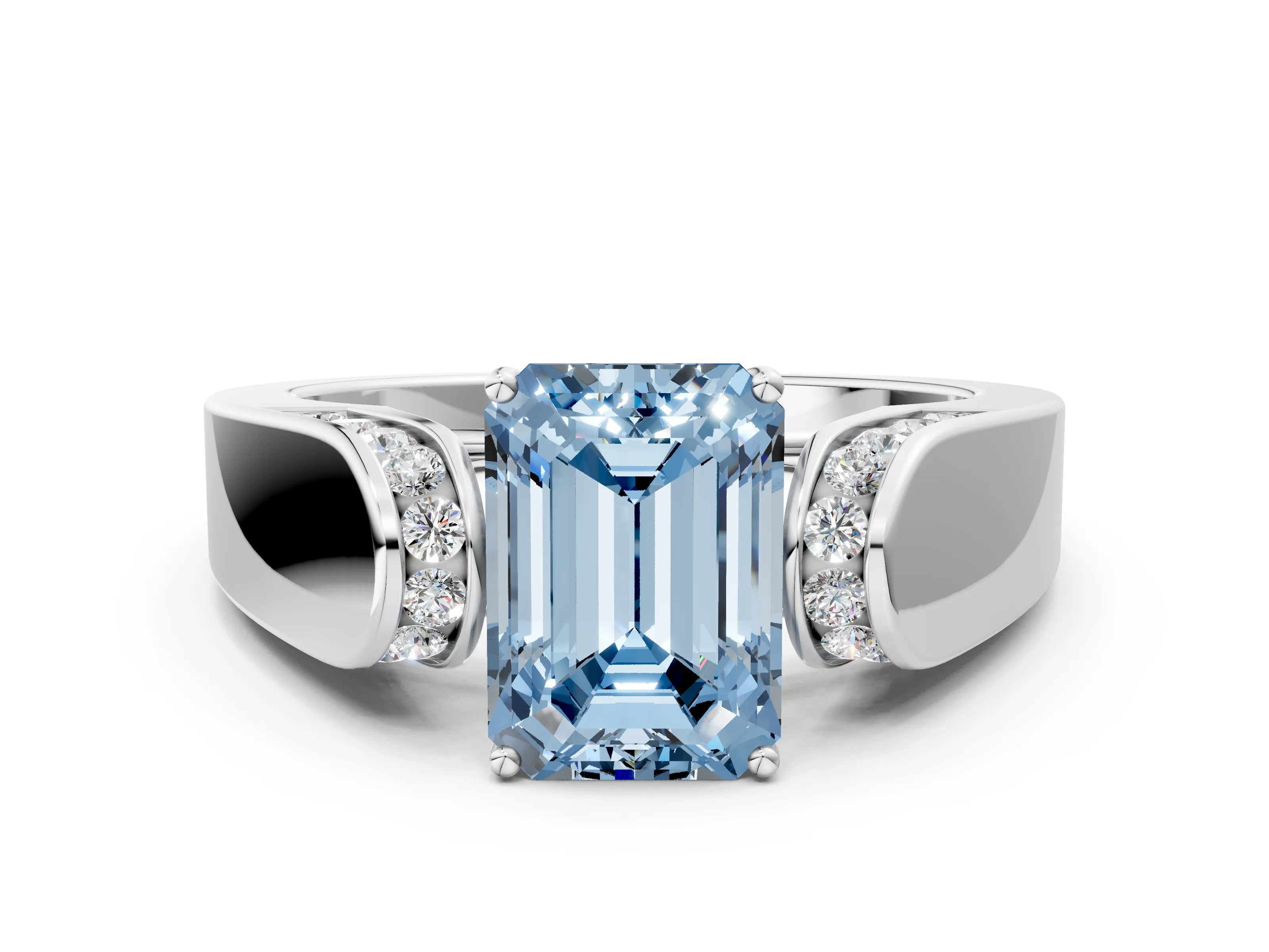 White gold Fancy Blue Emerald Cut Cut Diamond Channel Set Solitaire Ring with Four-Prong Setting_130
