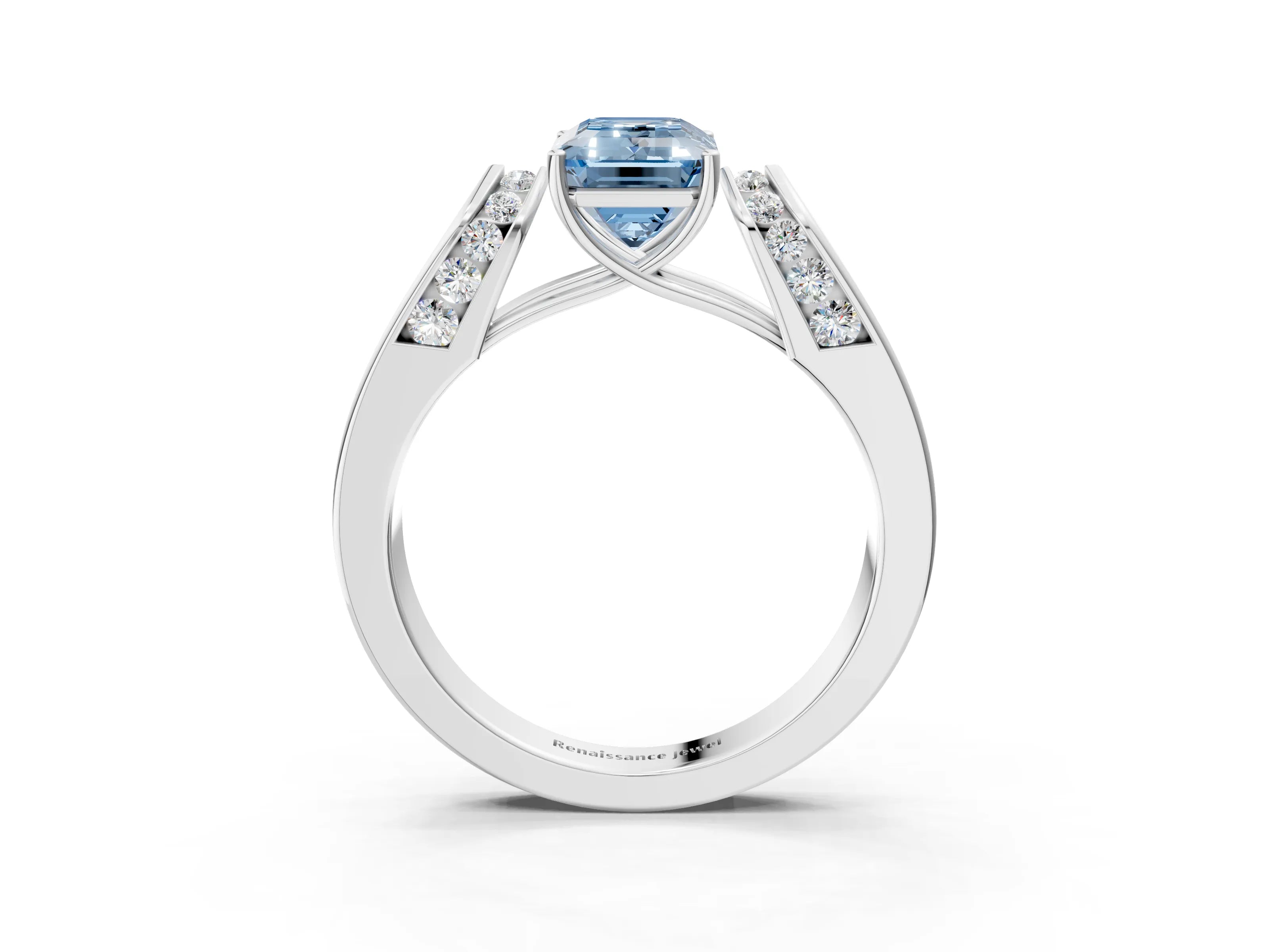 White gold Fancy Blue Emerald Cut Cut Diamond Channel Set Solitaire Ring with Four-Prong Setting_3
