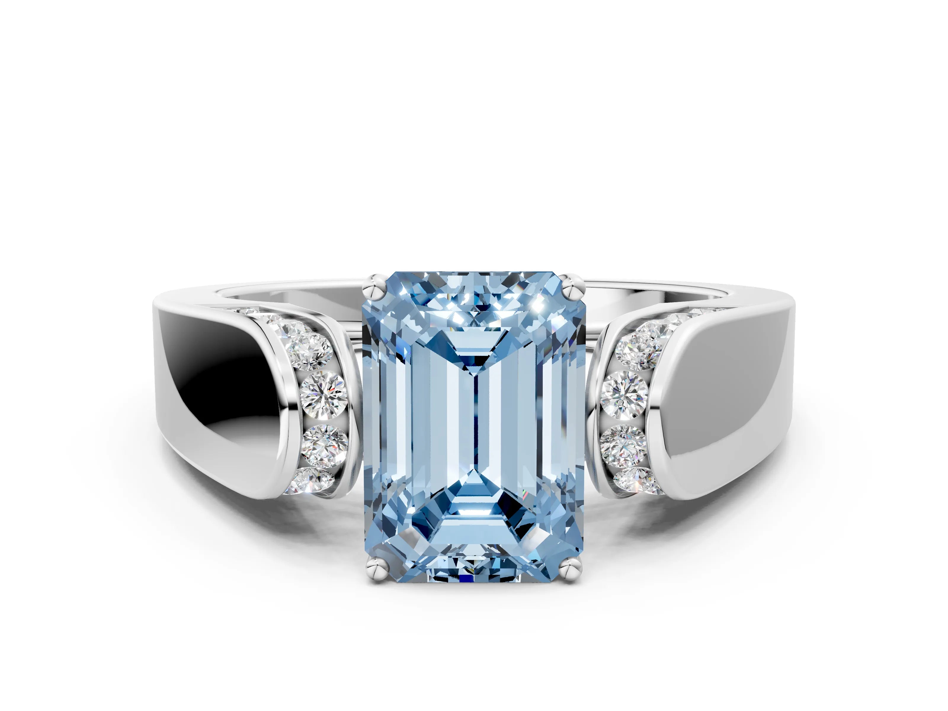 White gold Fancy Blue Emerald Cut Cut Diamond Channel Set Solitaire Ring with Four-Prong Setting_60