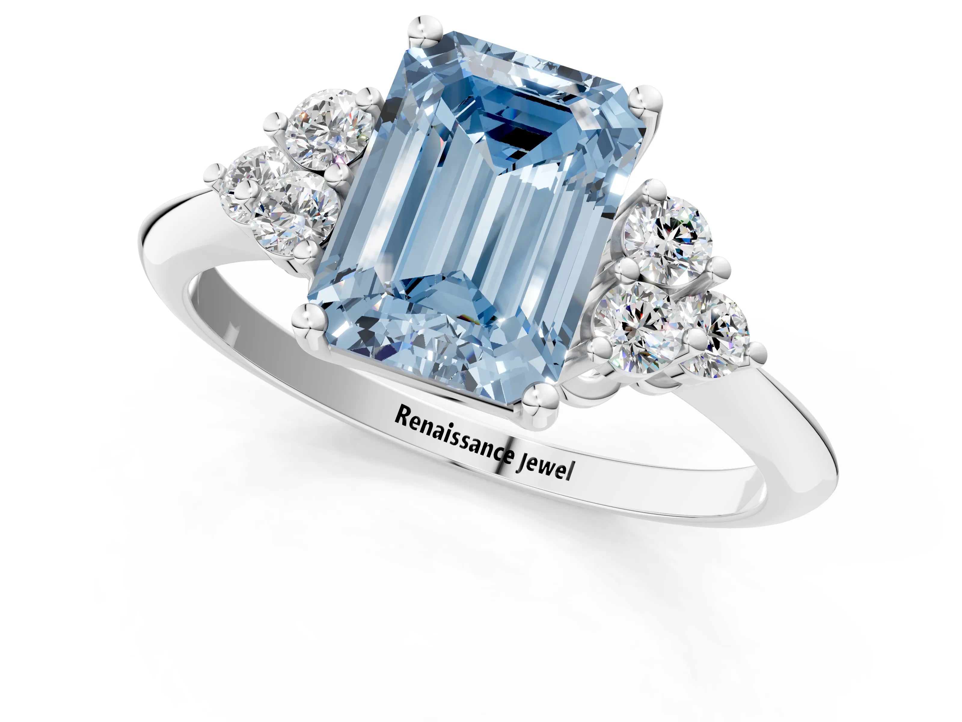 White gold Fancy Blue Emerald Cut Cut Diamond Cluster Ring with Solitaire Band and Four-Prong Setting_13