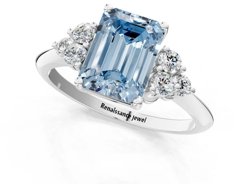 White gold Fancy Blue Emerald Cut Cut Diamond Cluster Ring with Solitaire Band and Four-Prong Setting_19