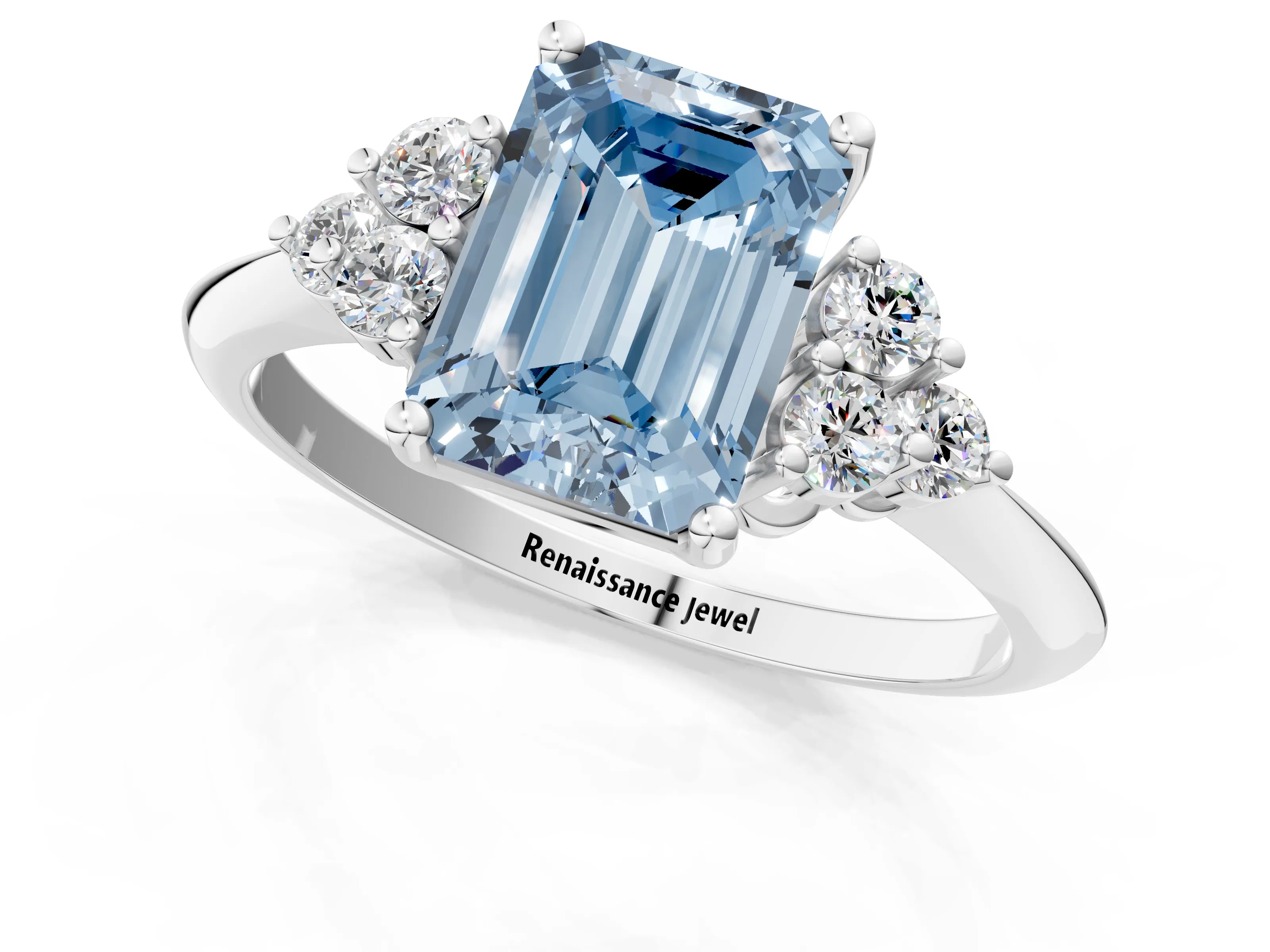 White gold Fancy Blue Emerald Cut Cut Diamond Cluster Ring with Solitaire Band and Four-Prong Setting_25