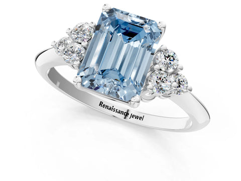 White gold Fancy Blue Emerald Cut Cut Diamond Cluster Ring with Solitaire Band and Four-Prong Setting_37