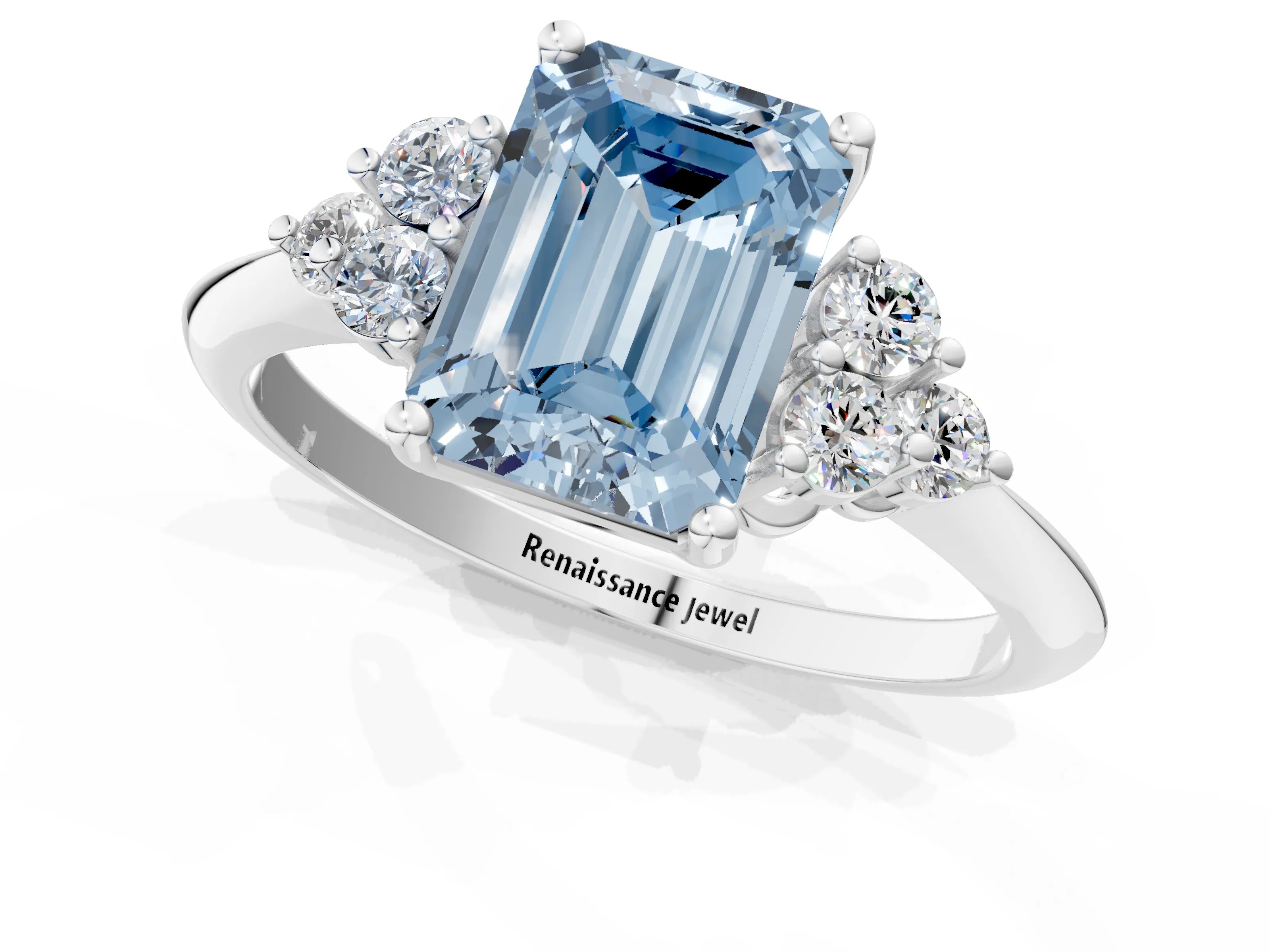 White gold Fancy Blue Emerald Cut Cut Diamond Cluster Ring with Solitaire Band and Four-Prong Setting_61