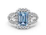 White gold Fancy Blue Emerald Cut Cut Diamond Halo Engagement Ring with Open Split Pavé Band