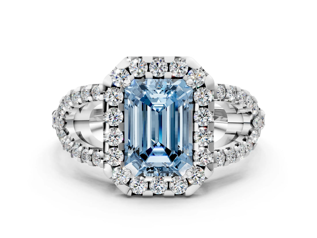 White gold Fancy Blue Emerald Cut Cut Diamond Halo Engagement Ring with Open Split Pavé Band