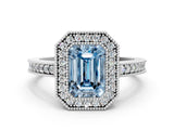 White gold Fancy Blue Emerald Cut-Cut Diamond Halo Engagement Ring with Pave Band and Prong Setting
