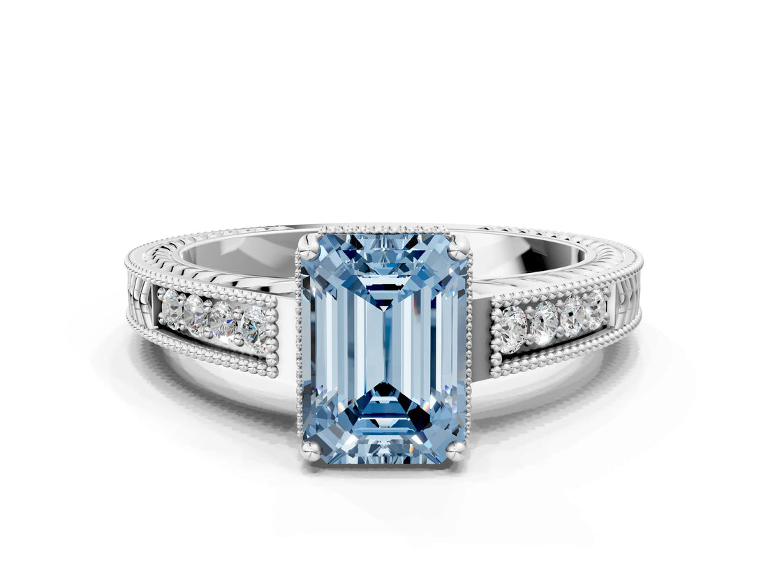 White gold Fancy Blue Emerald Cut Cut Diamond Milgrain Pave Band Four-Prong Setting Ring_15