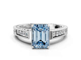 White gold Fancy Blue Emerald Cut Cut Diamond Milgrain Pave Band Four-Prong Setting Ring_15