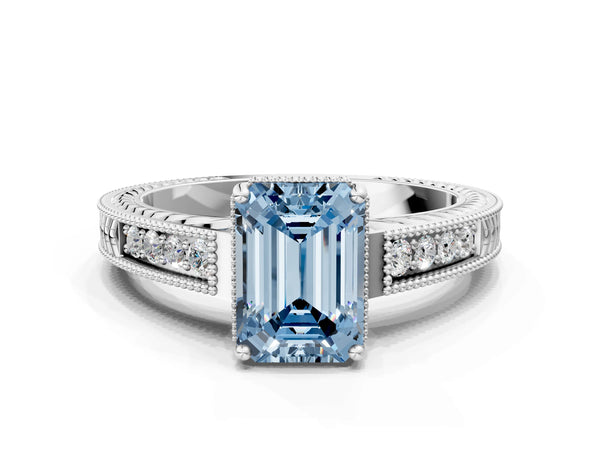 White gold Fancy Blue Emerald Cut Cut Diamond Milgrain Pave Band Four-Prong Setting Ring