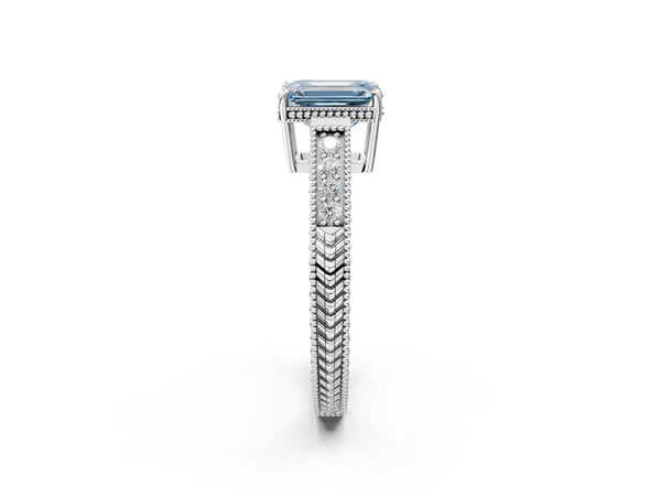 White gold Fancy Blue Emerald Cut Cut Diamond Milgrain Pave Band Four-Prong Setting Ring