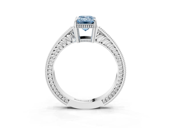 White gold Fancy Blue Emerald Cut Cut Diamond Milgrain Pave Band Four-Prong Setting Ring