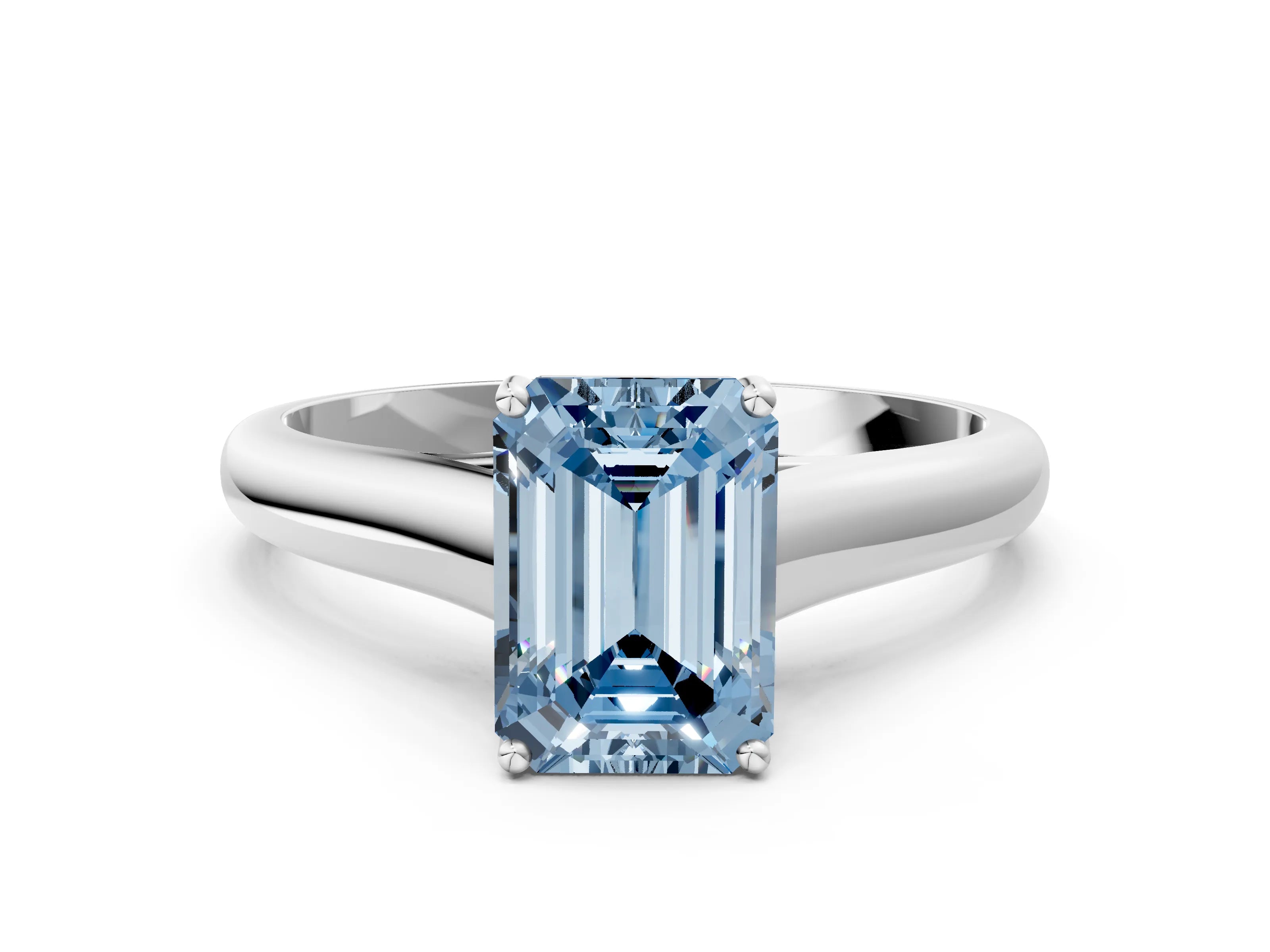 White gold Fancy Blue Emerald Cut Cut Diamond Solitaire Engagement Ring with Tapered Plain Band and Four-Prong Setting