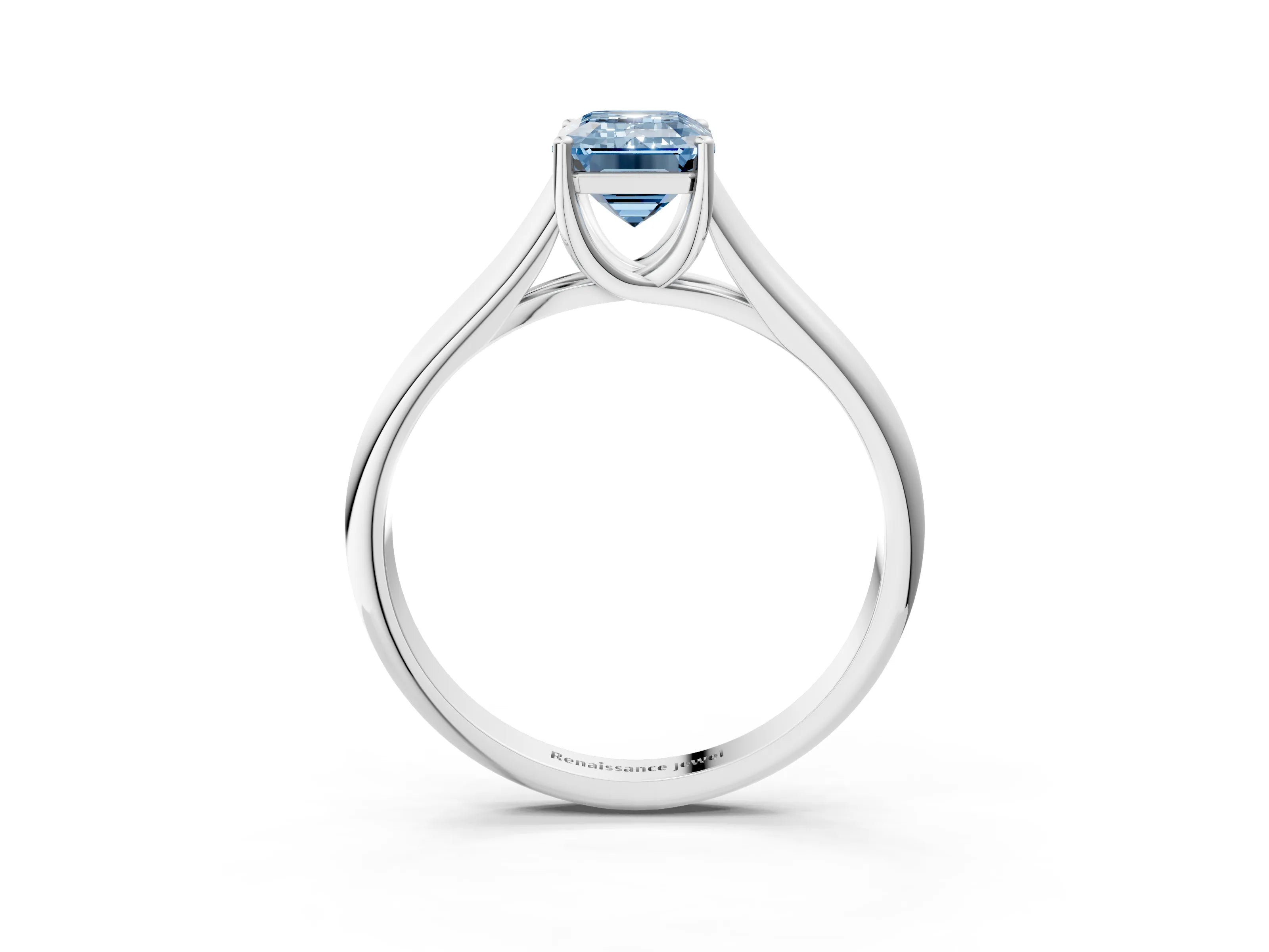 White gold Fancy Blue Emerald Cut Cut Diamond Solitaire Engagement Ring with Tapered Plain Band and Four-Prong Setting_15