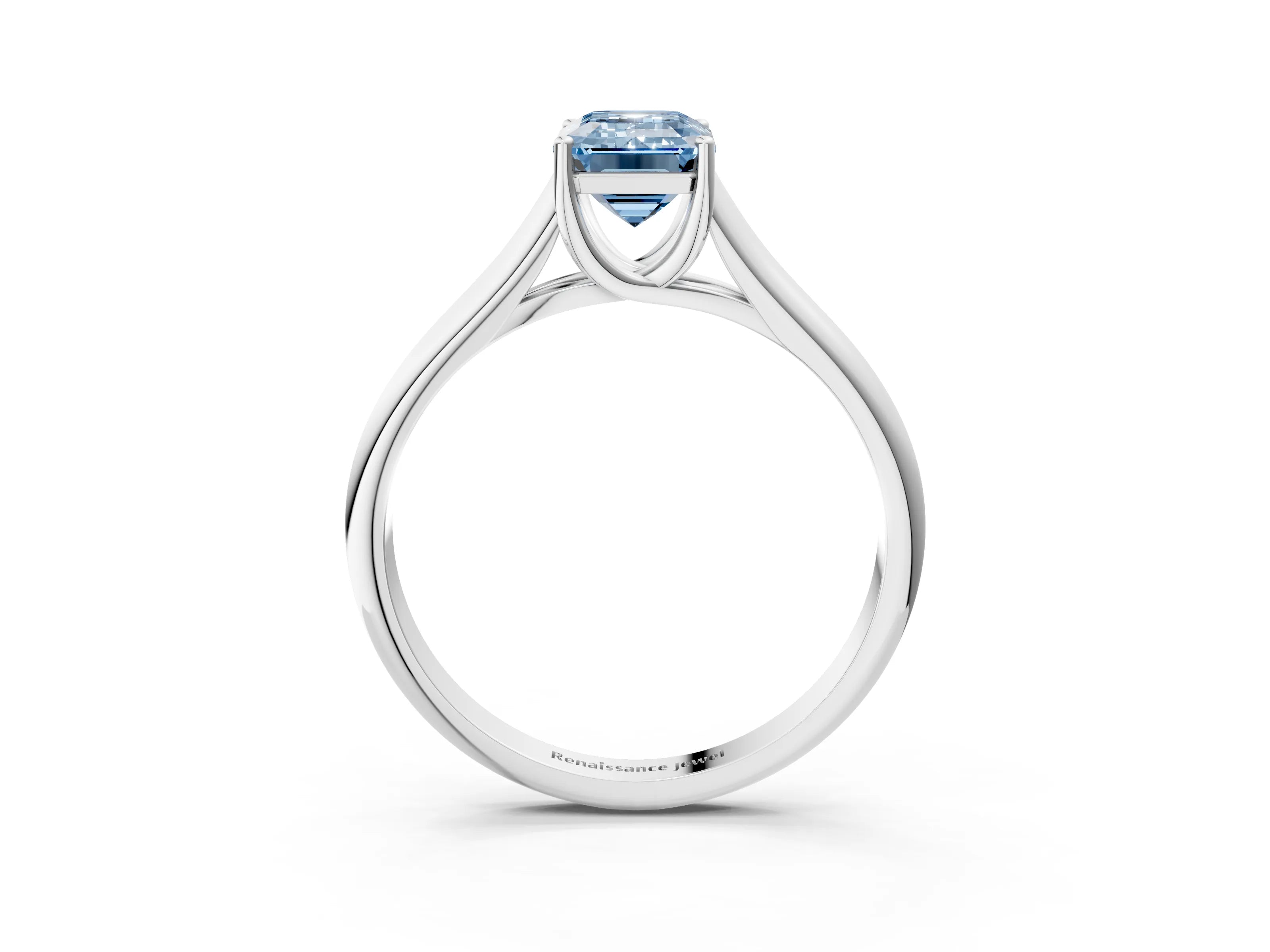 White gold Fancy Blue Emerald Cut Cut Diamond Solitaire Engagement Ring with Tapered Plain Band and Four-Prong Setting_3