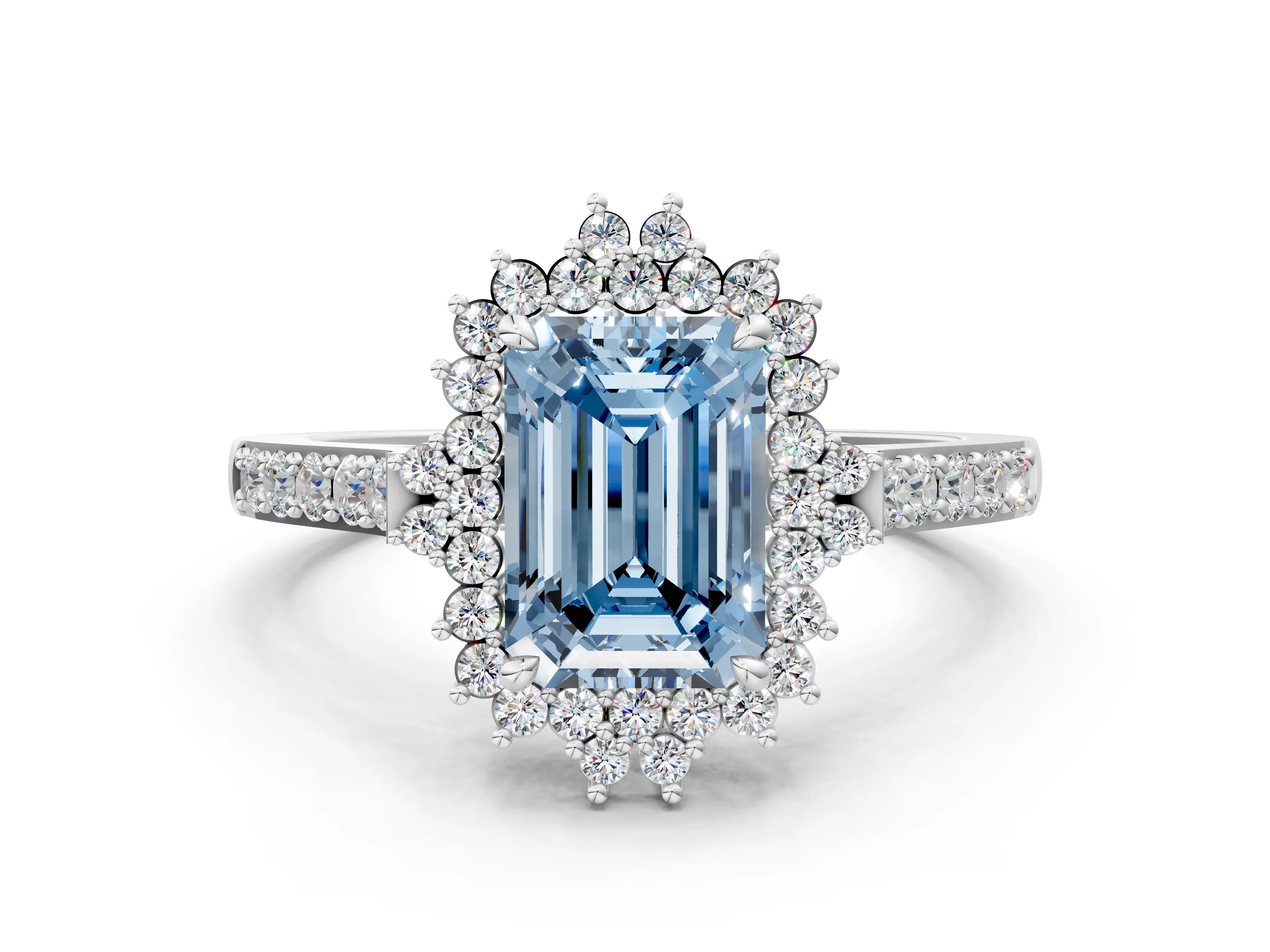 White gold Fancy Blue Emerald Cut Cut Diamond Sunburst Halo Engagement Ring with Pavé Band_12
